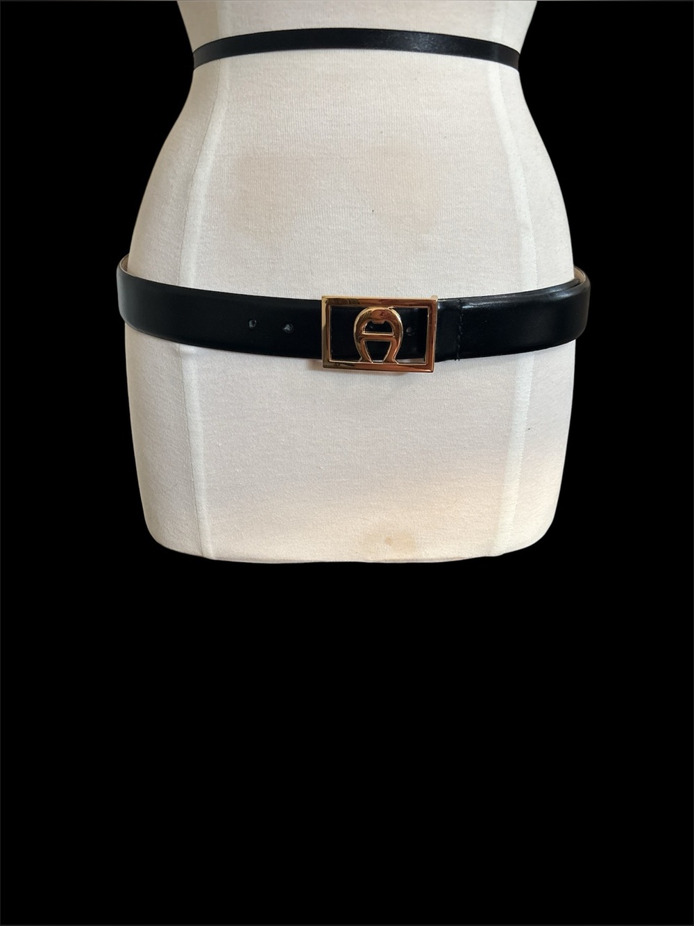 Etienne Aigner Black Leather Belt with Gold Horsebit Buckle